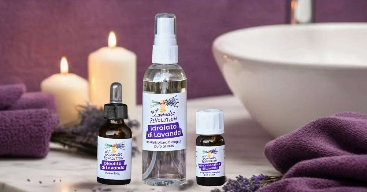 Gli Essenziali: olio essenziale, idrolato e oleolito di lavanda bio in ambientazione spa