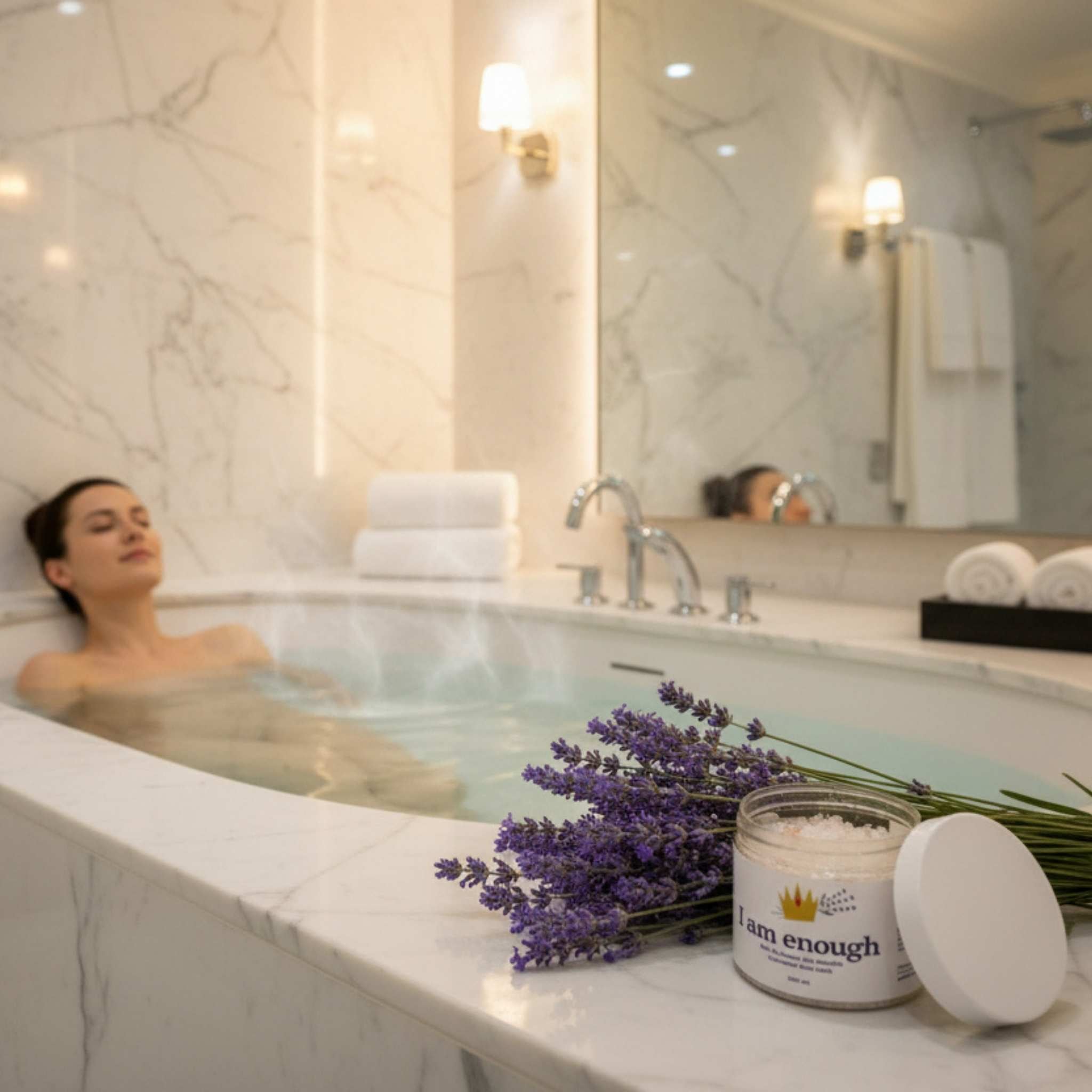 Donna in bagno rilassante con sali da bagno alla lavanda bio del Kit Rituale Relax