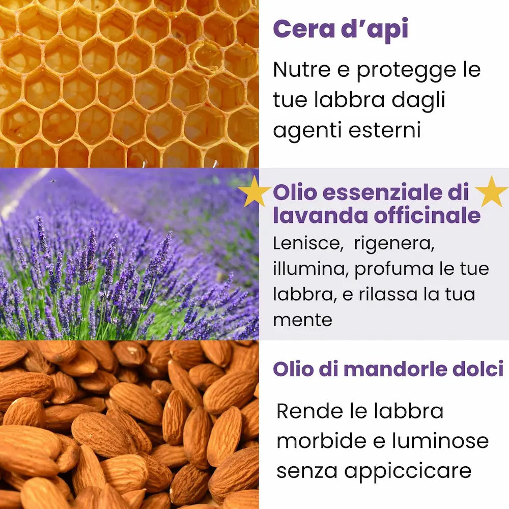 Ingredienti naturali del balsamo labbra alla lavanda Kiss me Lavanda con cera d’api, olio essenziale di lavanda officinale e olio di mandorle dolci
