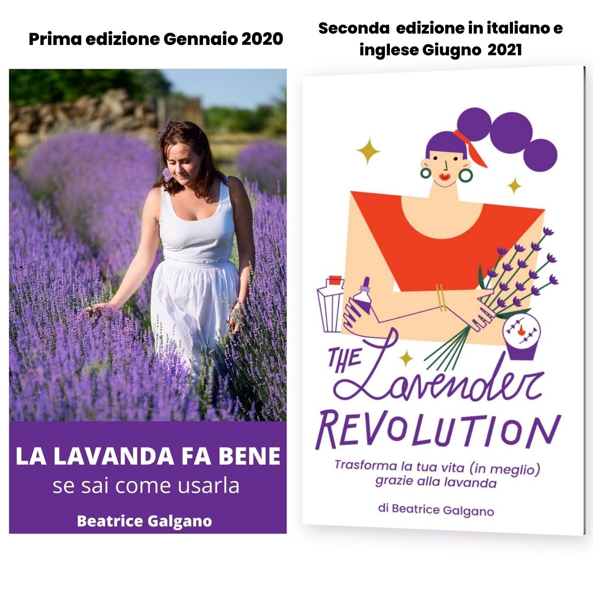 Copertine dei due ebook sulla lavanda scritti da Beatrice – The Lavender Revolution, edizioni Podere Argo – guida completa sulla lavanda biologica benefici e i suoi utilizzi