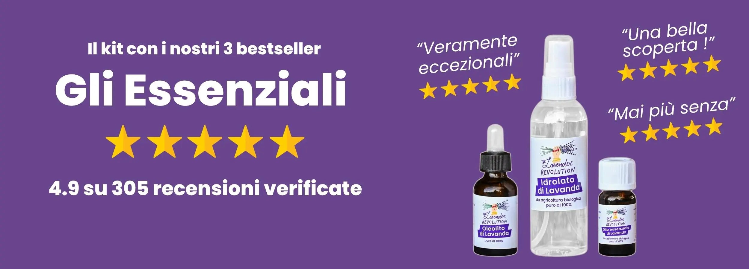 Gli Essenziali di The Lavender Revolution, kit lavanda bio con olio essenziale, idrolato e oleolito