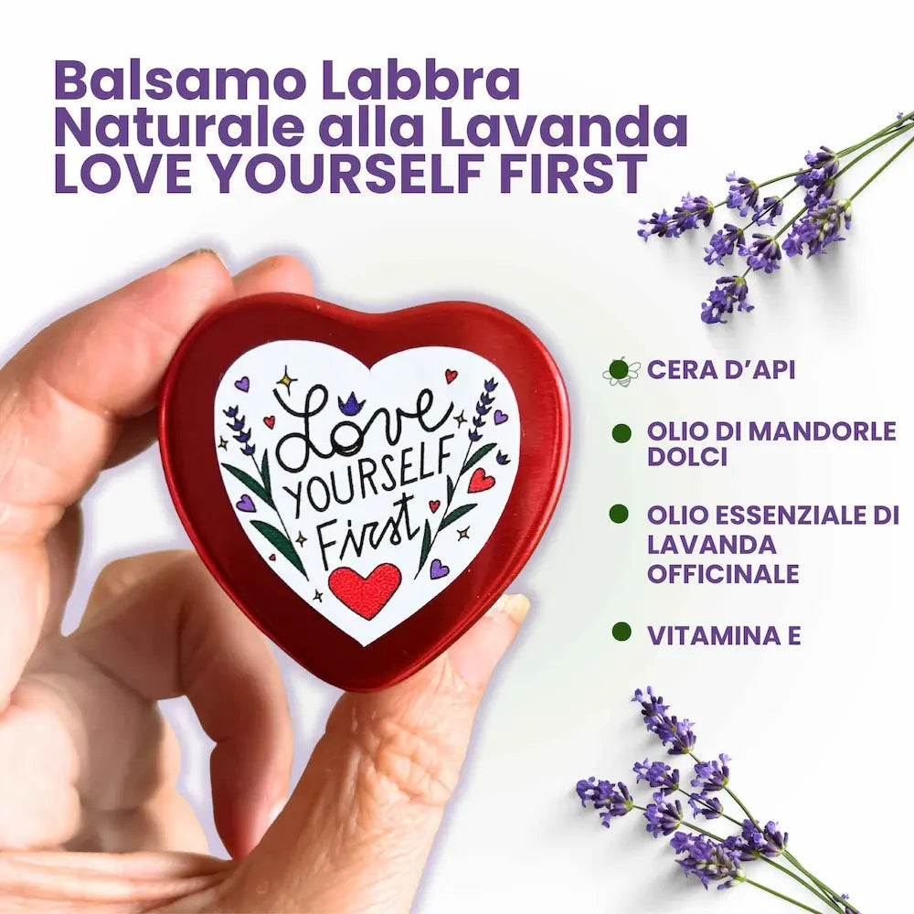 Balsamo labbra naturale alla lavanda Love Yourself First The Lavender Revolution con cera d’api, olio di mandorle dolci, olio essenziale di lavanda officinale e vitamina E