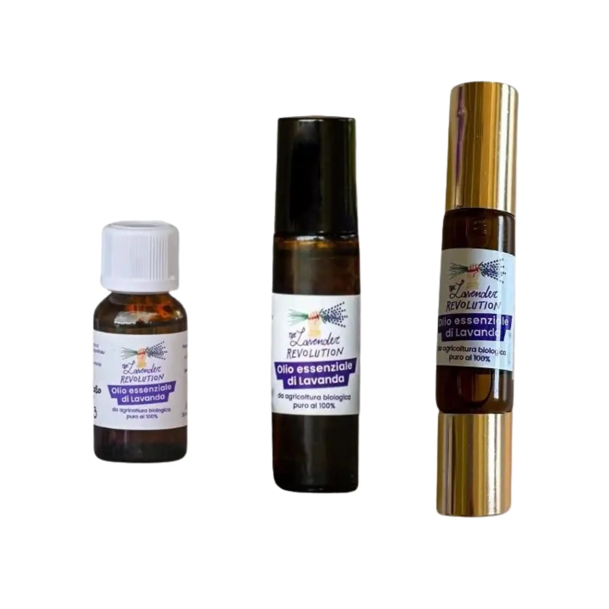 Kit 3 formati olio essenziale di lavanda bio con contagocce, roll on e spray + roll on Gold 2 in 1 The Lavender Revolution®