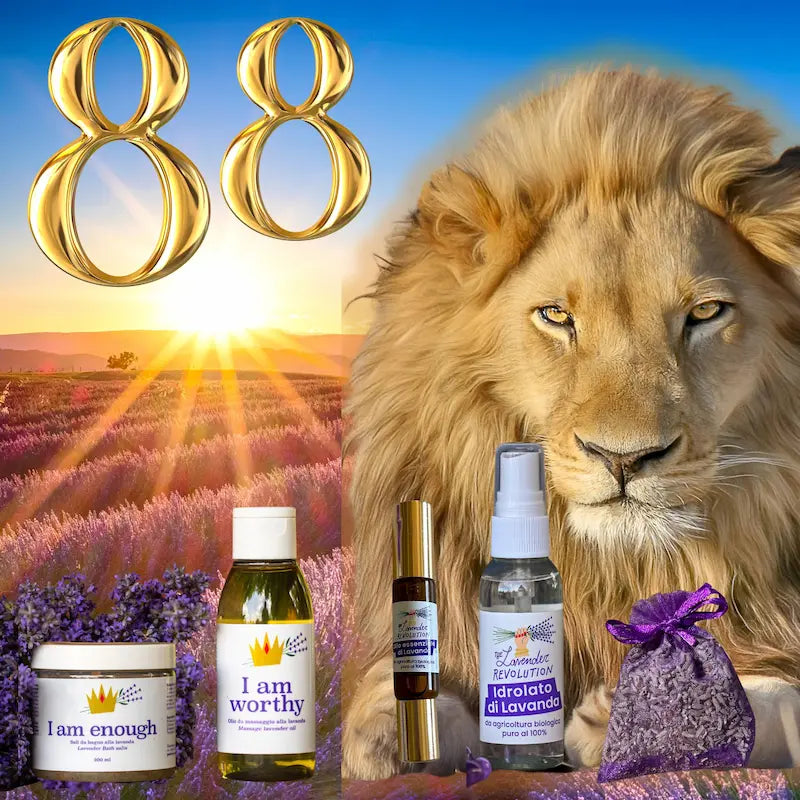 Kit di Manifestazione alla Lavanda Bio per il Portale del Leone (Lion's Gate 8/8) — Spray Roll On Gold Olio essenziale di lavanda bio, Idrolato, Olio da massaggio, Sali da bagno e sacchetto in organza viola con ametista