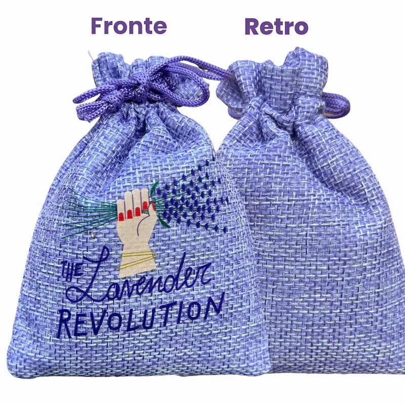 Sacchetto profumato in juta viola con fiori di lavanda officinale biologica, logo The Lavender Revolution sul fronte, vista fronte e retro