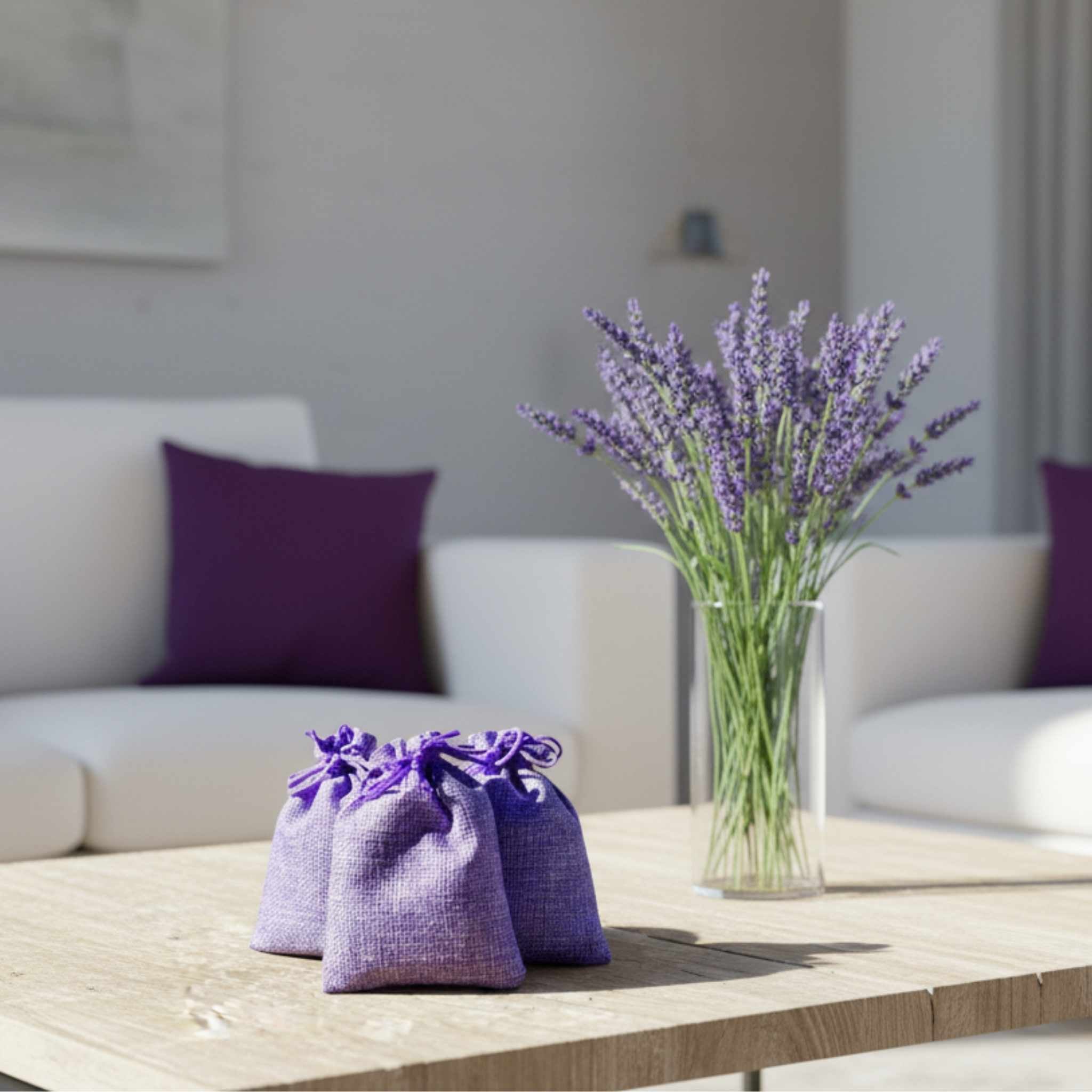 Sacchetti in juta con lavanda biologica per profumare la casa in modo naturale, ideali per ambienti rilassanti e profumati