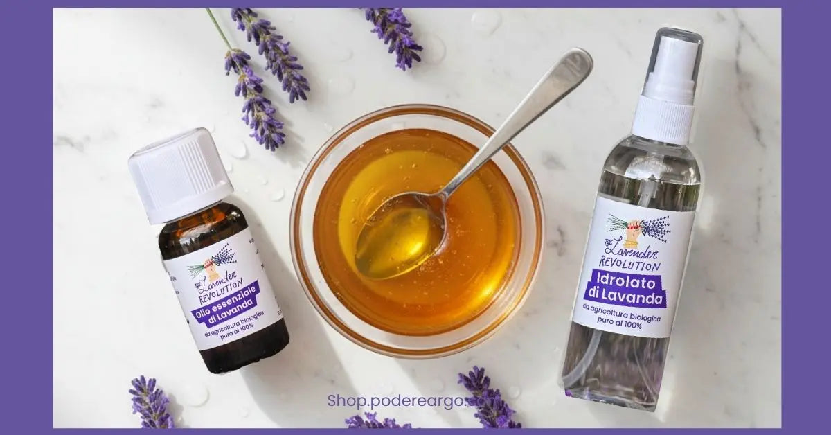 Ingredienti naturali per scrub viso fai da te: olio essenziale di lavanda idrolato di lavanda bio e miele