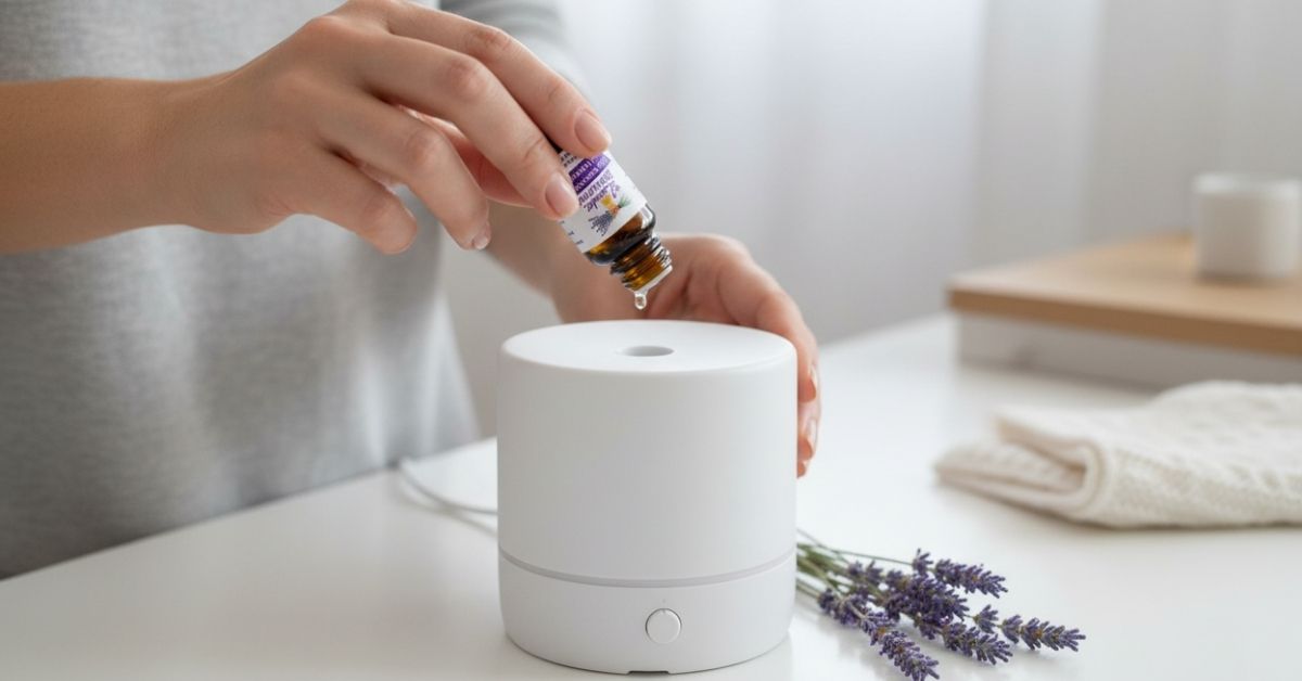 Donna che versa olio essenziale di lavanda nel diffusore in casa in inverno