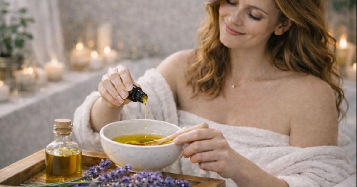 Donna che prepara una maschera fai da te per capelli con olio essenziale di lavanda