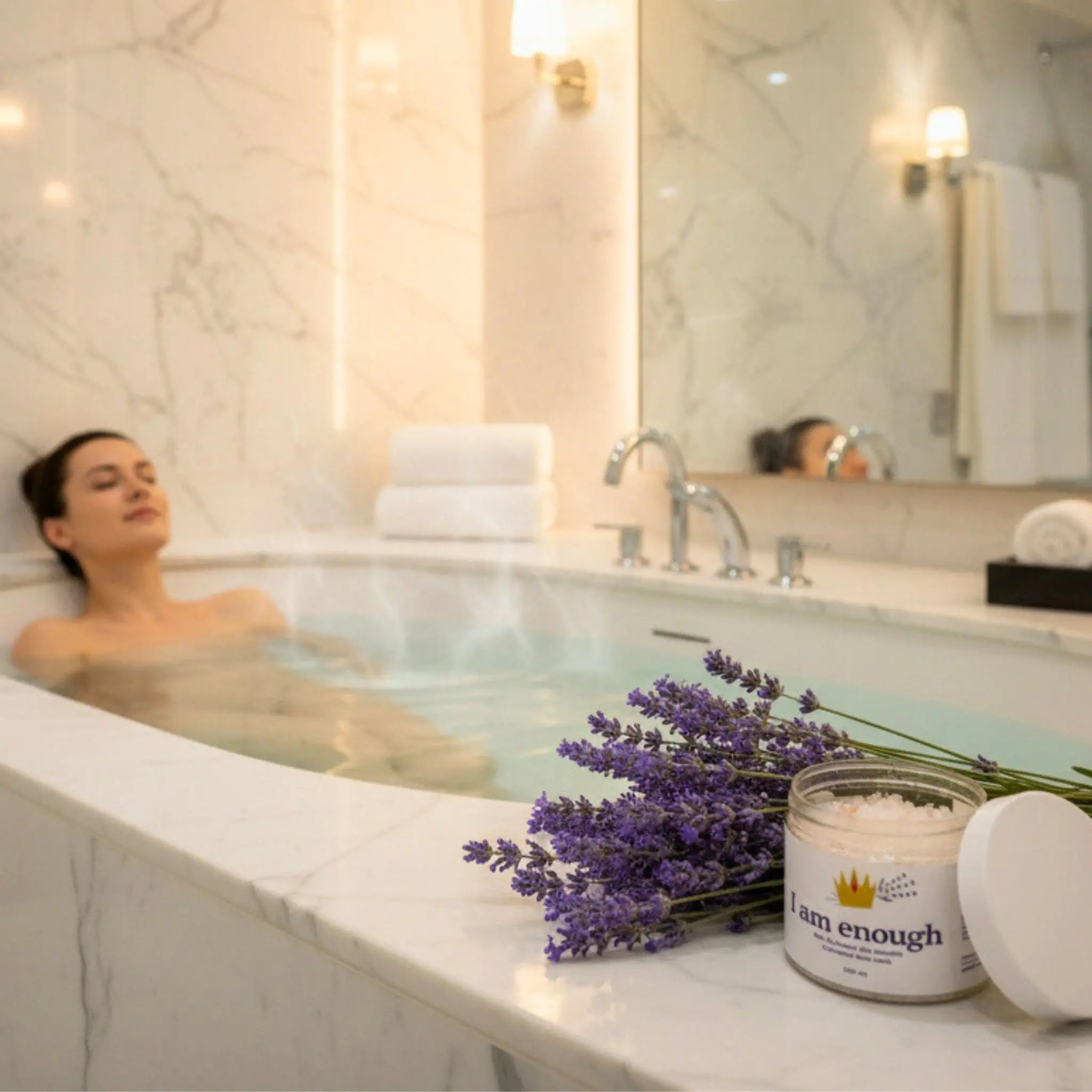 Bagno rilassante con sali da bagno alla lavanda I Am Enough The Lavender Revolution– rituale wellness olistico naturale earomaterapeutico