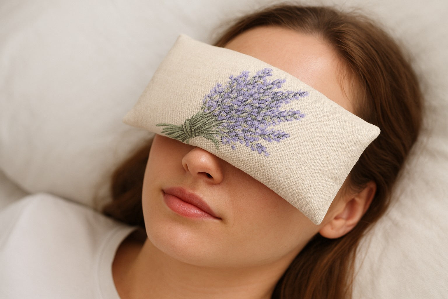 Cuscino occhi termico con lavanda bio e riso toscano in cotone naturale, usato sugli occhi per rilassamento e benessere naturale – The Lavender Revolution