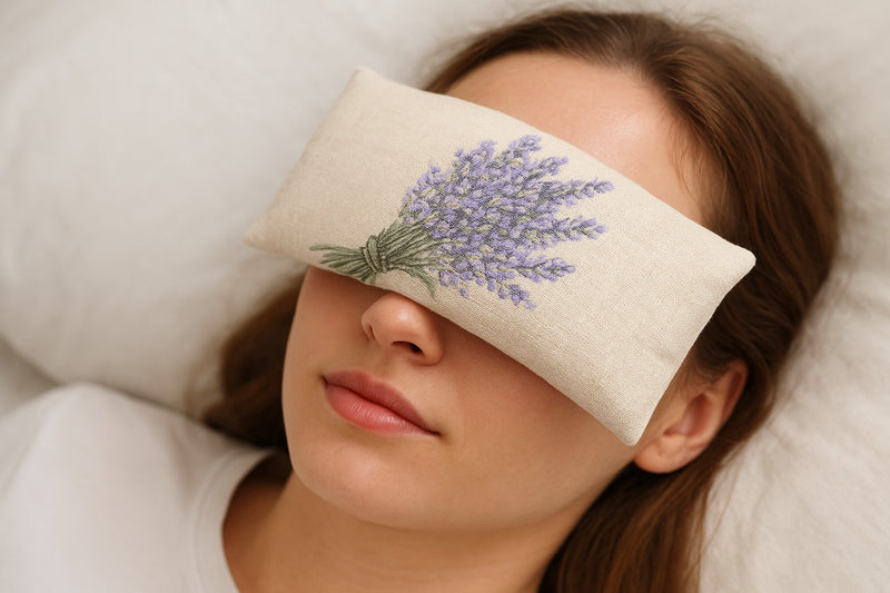 Cuscino occhi termico con lavanda bio e riso toscano in cotone naturale, usato sugli occhi per rilassamento e benessere naturale – The Lavender Revolution