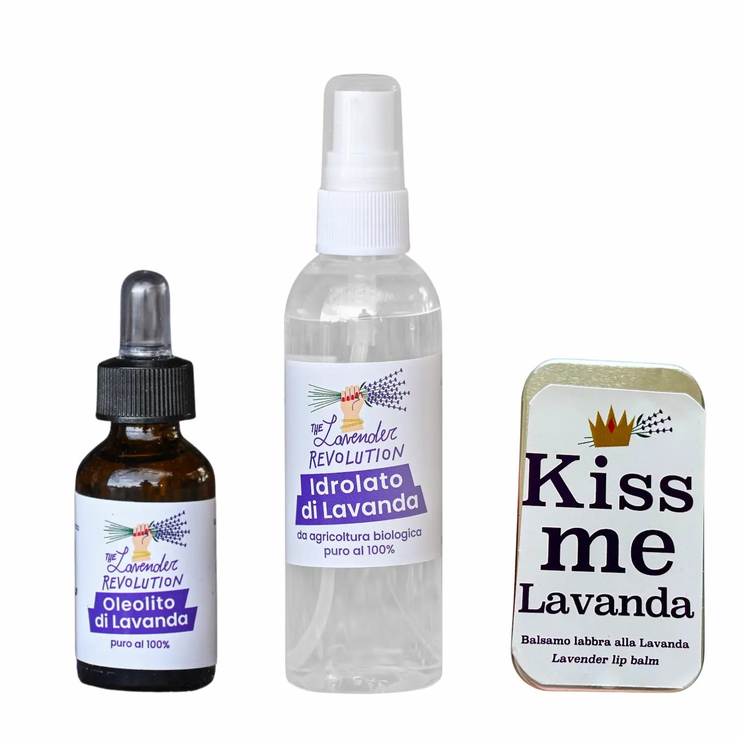 Kit Lenitivo Pelle alla lavanda bio The Lavender Revolution®: idrolato di lavanda, oleolito e balsamo labbra per la pelle in inverno