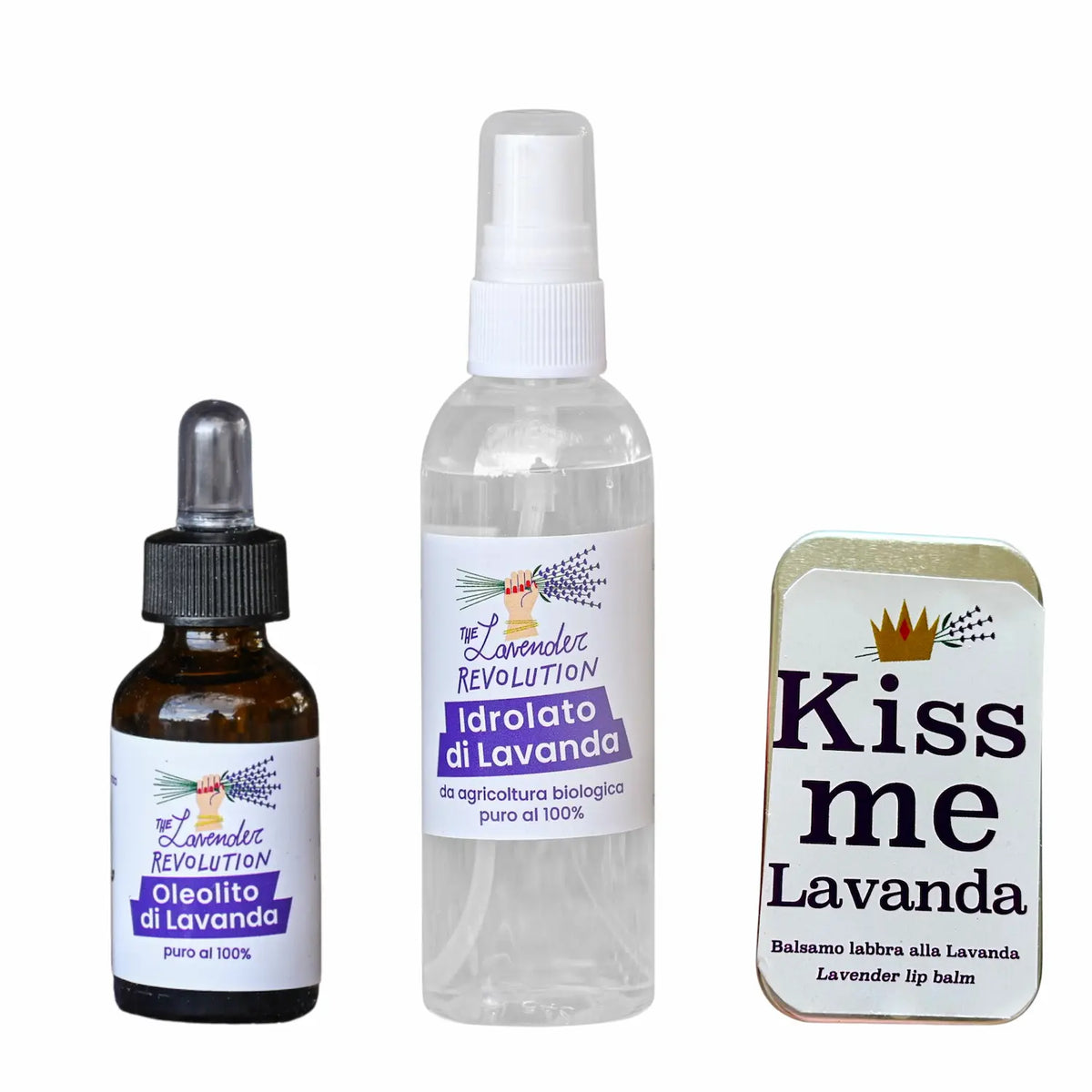 Kit Lenitivo Pelle alla lavanda bio The Lavender Revolution®: idrolato di lavanda, oleolito e balsamo labbra per la pelle in inverno
