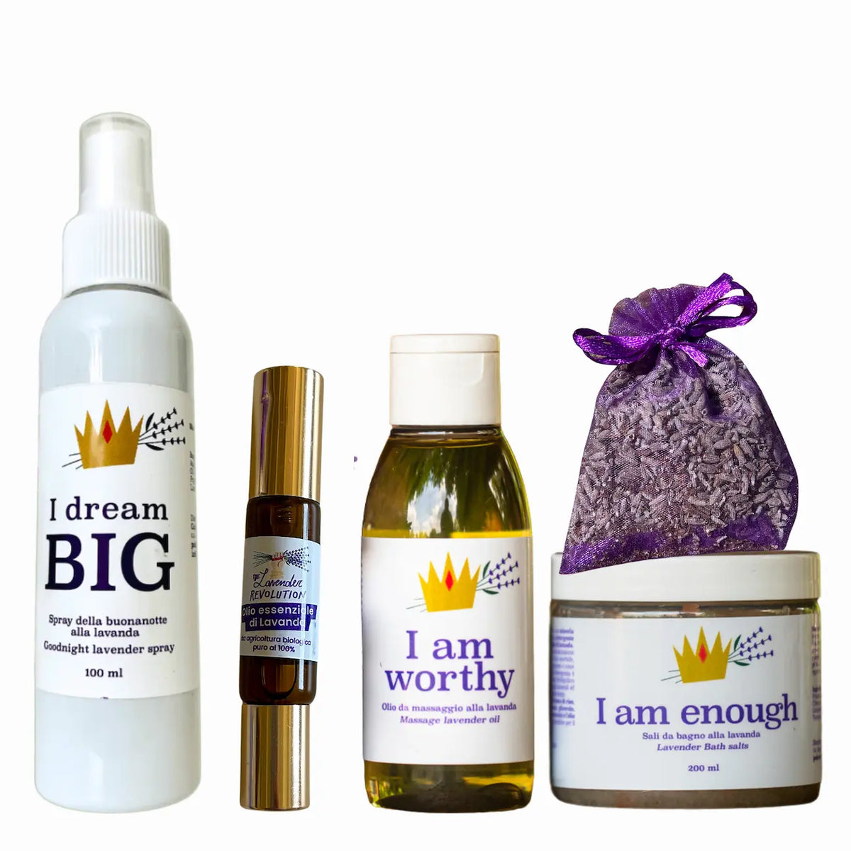 Kit Rituale Relax alla lavanda bio The Lavender Revolution®: sali da bagno, olio da massaggio, spray della buonanotte, Roll On + Spray olio essenziale di lavanda  bio Gold e sacchetto con ametista