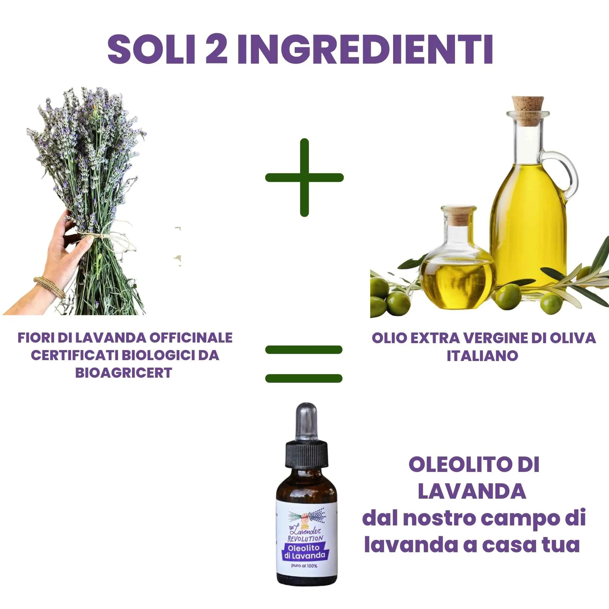 Soli 2 ingredienti naturali nell'Oleolito di Lavanda: lavanda officinale bio e olio extravergine d'oliva italiano
