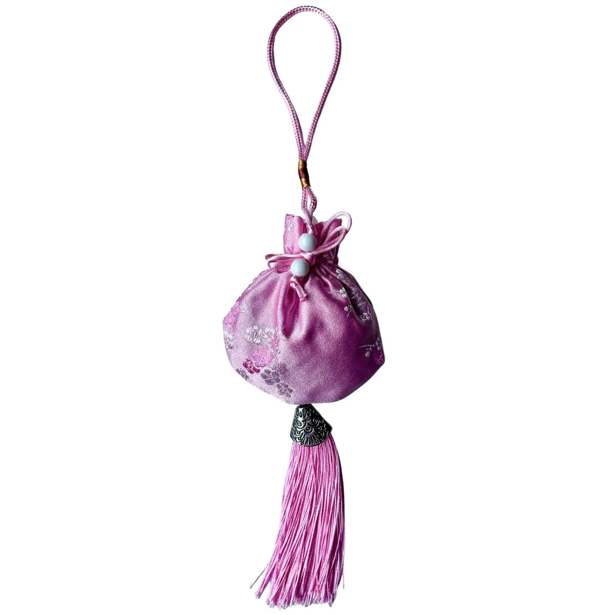 Sacchetto amuleto in seta ricamata rosa ripieno di fiori di lavanda officinale biologica, The Lavender Revolution
