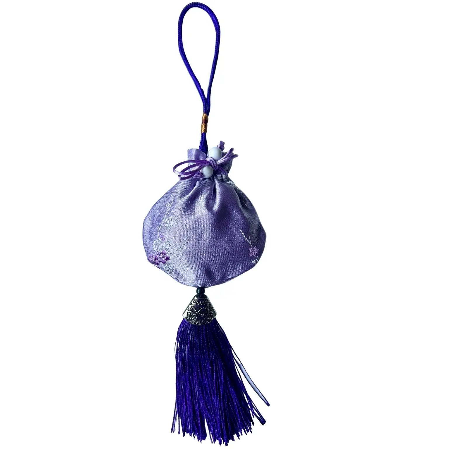 Sacchetto amuleto in seta ricamata viola chiaro ripieno di fiori di lavanda officinale biologica, The Lavender Revolution