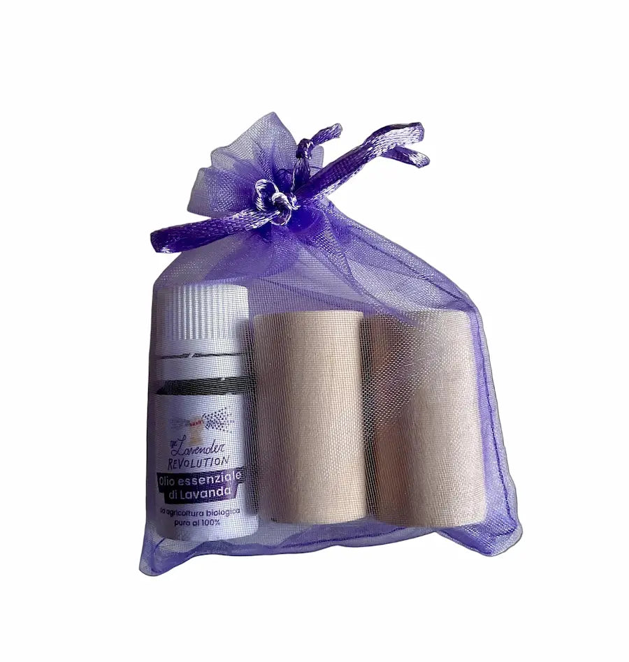 Set con 2 profumatori in legno e olio essenziale di lavanda bio confezionato in sacchetto viola