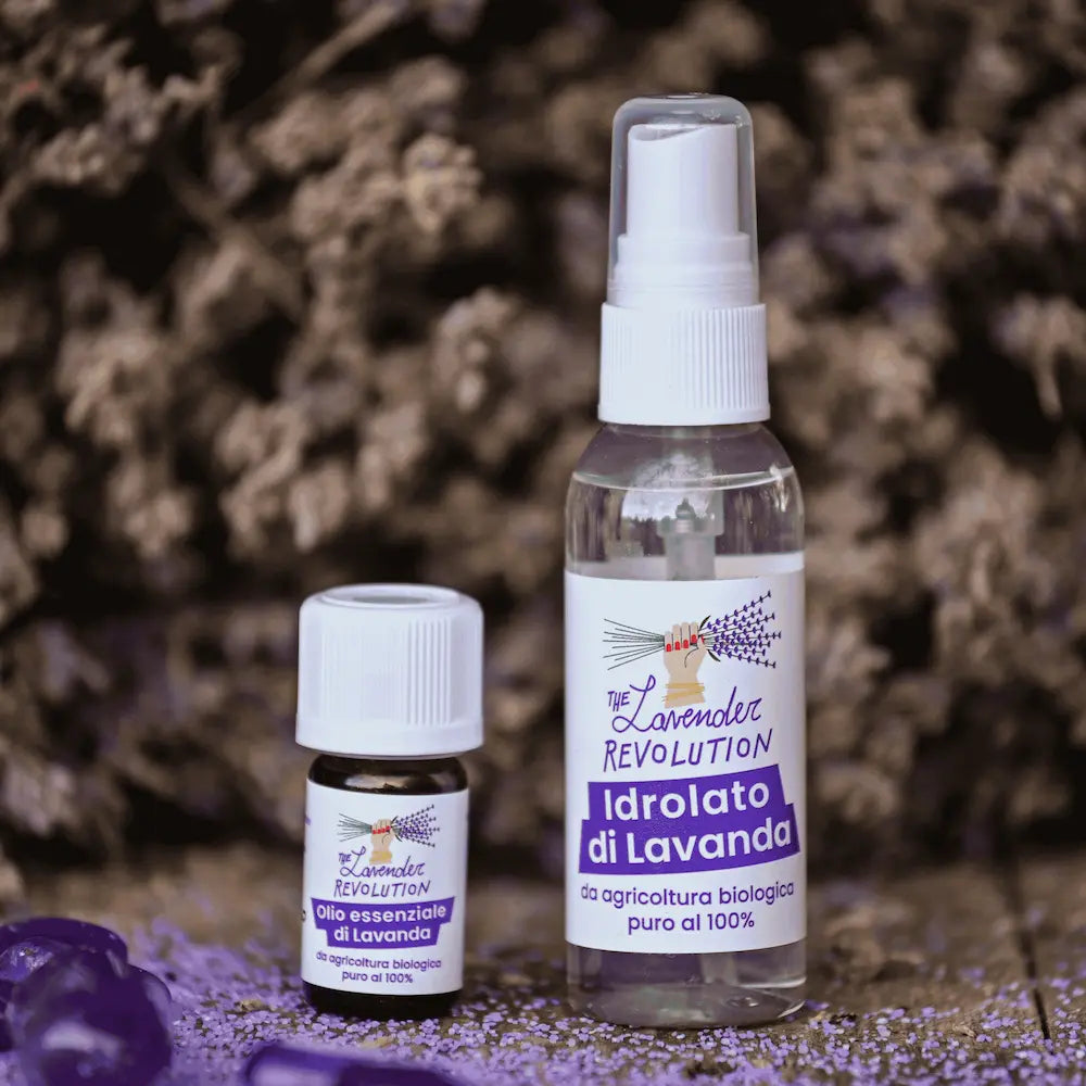 Kit lavanda bio formato viaggio — olio essenziale e idrolato biologici certificati Bioagricert, Maremma Toscana